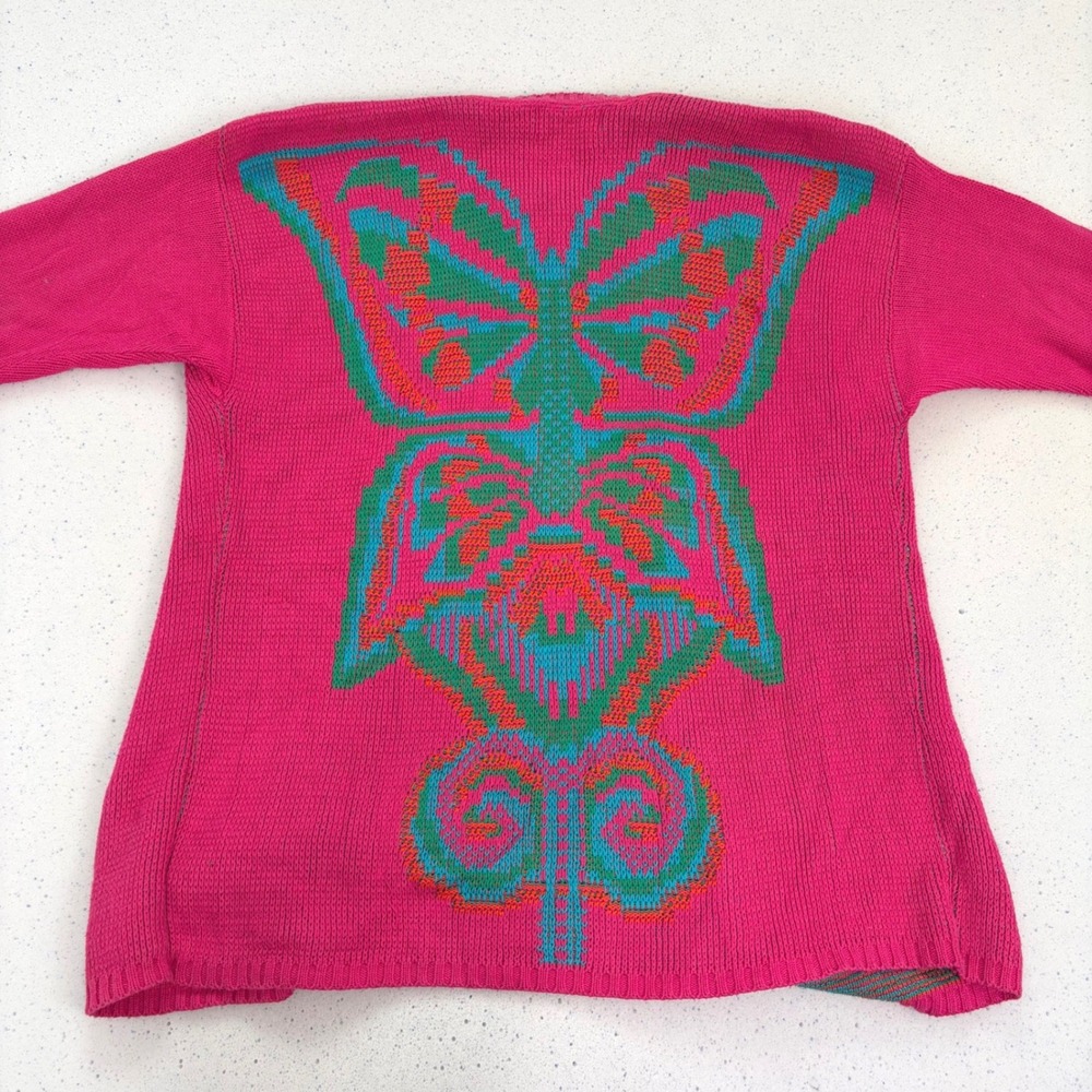 Vintage 90s‎ Neon Colorblock Knit Duster Cardigan Hot Pink Abstract Butterfly L